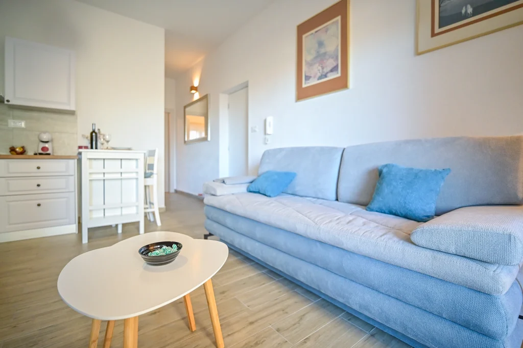 Udobna sofa u dnevnom boravku, apartman AMI Strožanac