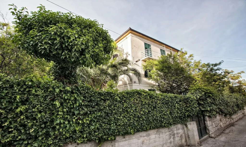 Vanjski izgled zgrade s vrtom i palmama, apartman Batchae Split