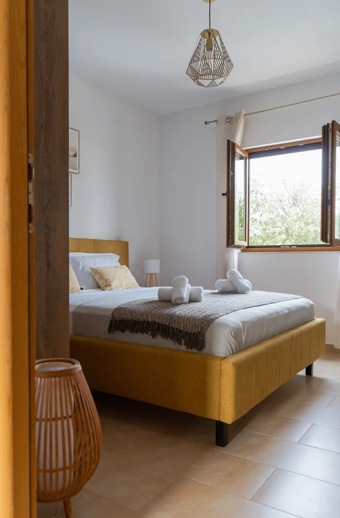 Spavaća soba s bračnim krevetom uz prozor, apartman Bartul, Casa Korina