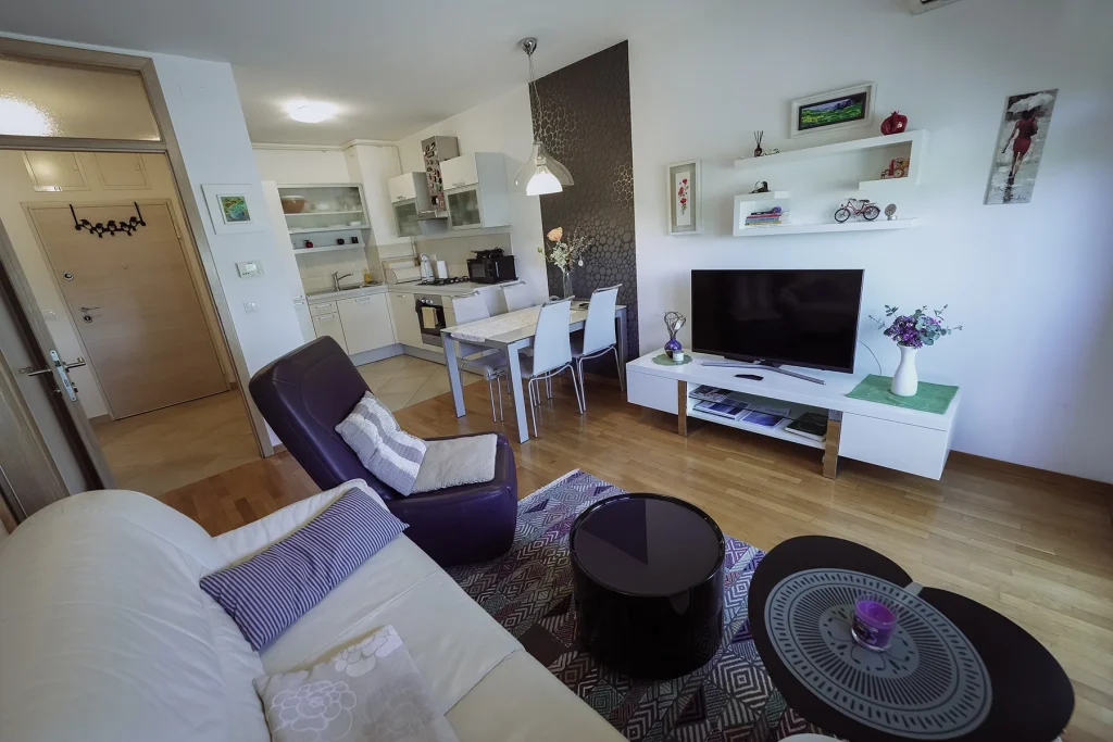 Dnevni boravak s kaučem i TV-om, apartman Lola Zagreb